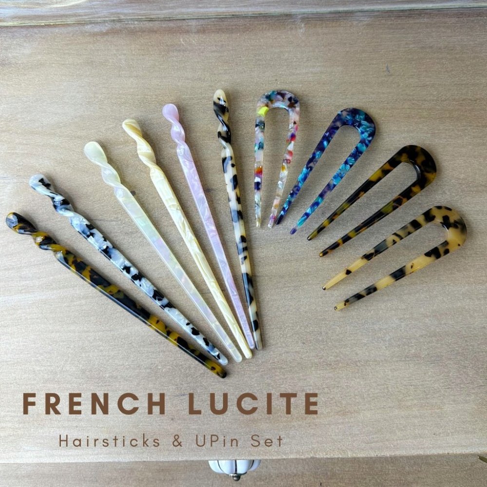 New French Lucite Acetate Tortoise Pearly Hair Stick & U Pin 10 Piece Set